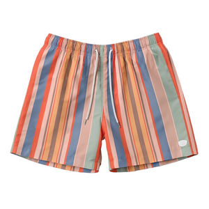 Flatlay of multicolour striped swim shorts with drawstring waist, displayed on a plain background