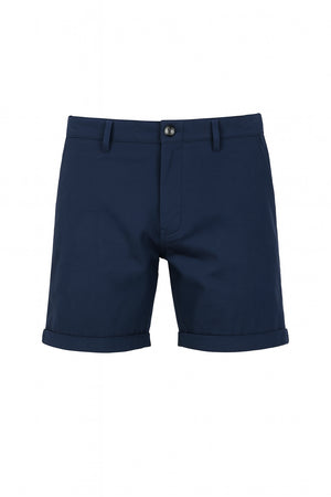 Flat-lay image of dark blue chino-style shorts featuring front button and rolled cuffs, ideal for casual or smart summer wear.