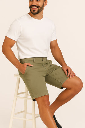 Model wearing thick cotton khaki shorts made in Bali, relaxed summer outfit