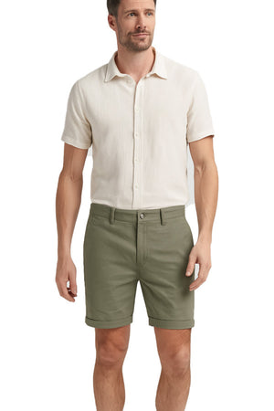 Men’s khaki cotton shorts with red CITY BCH logo, handcrafted in Bali